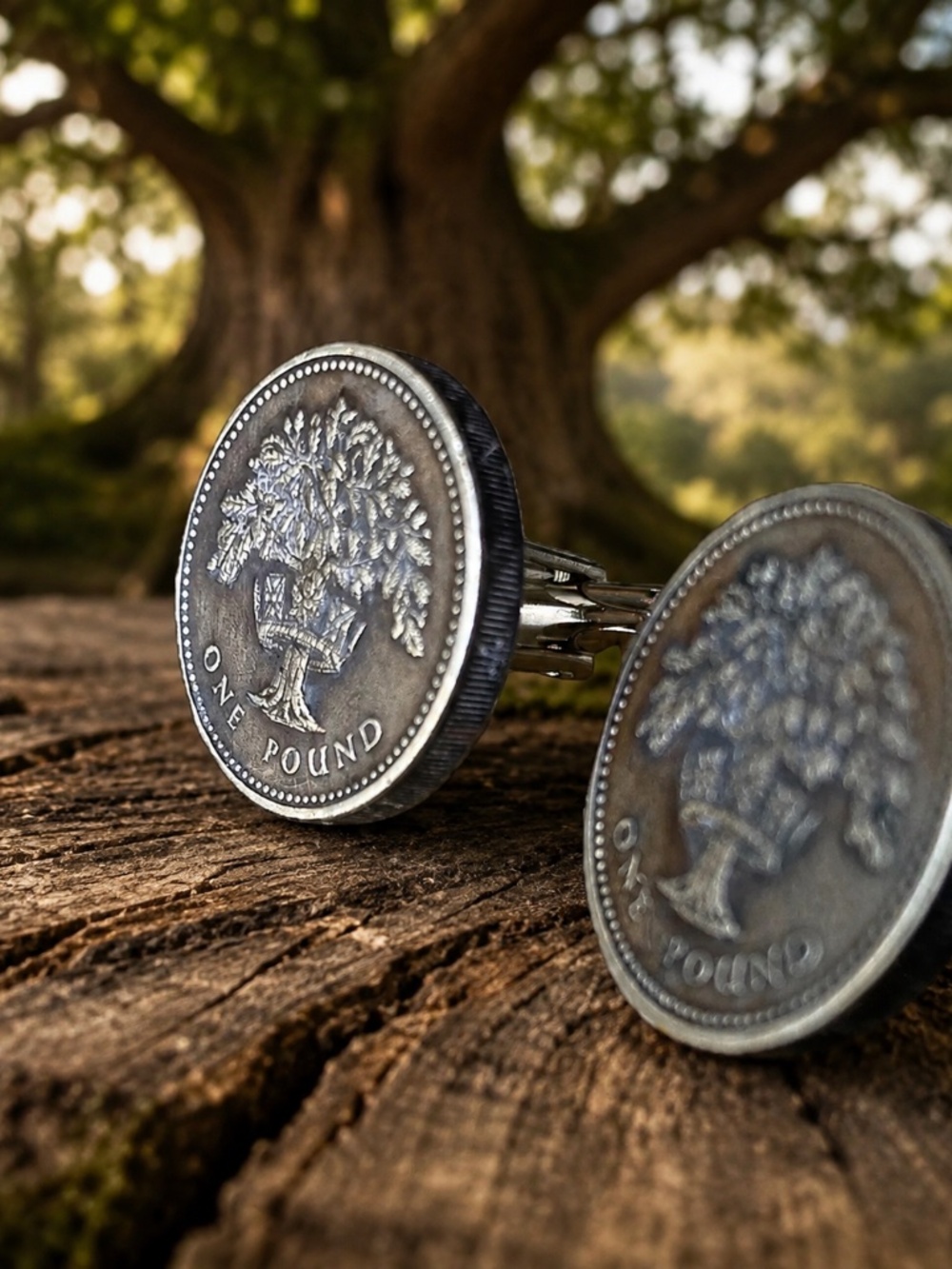 Vintage British £1 Coin Cufflinks – English Oak Tree – Aged Antique Finish –